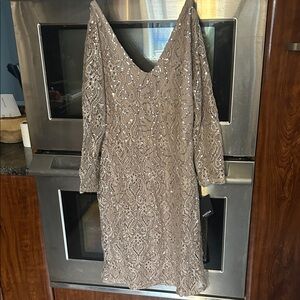 MARINA Taupe Sequined Lace Long Sleeve V-Neck Dress
